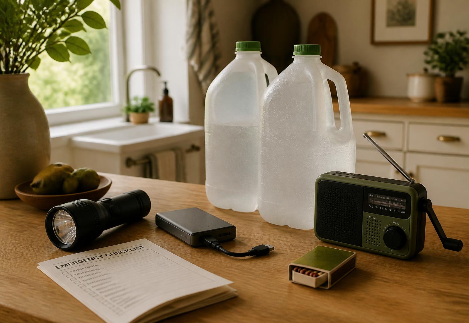 A calm, well-organized kitchen shelf with water, a lantern, and a first aid kit